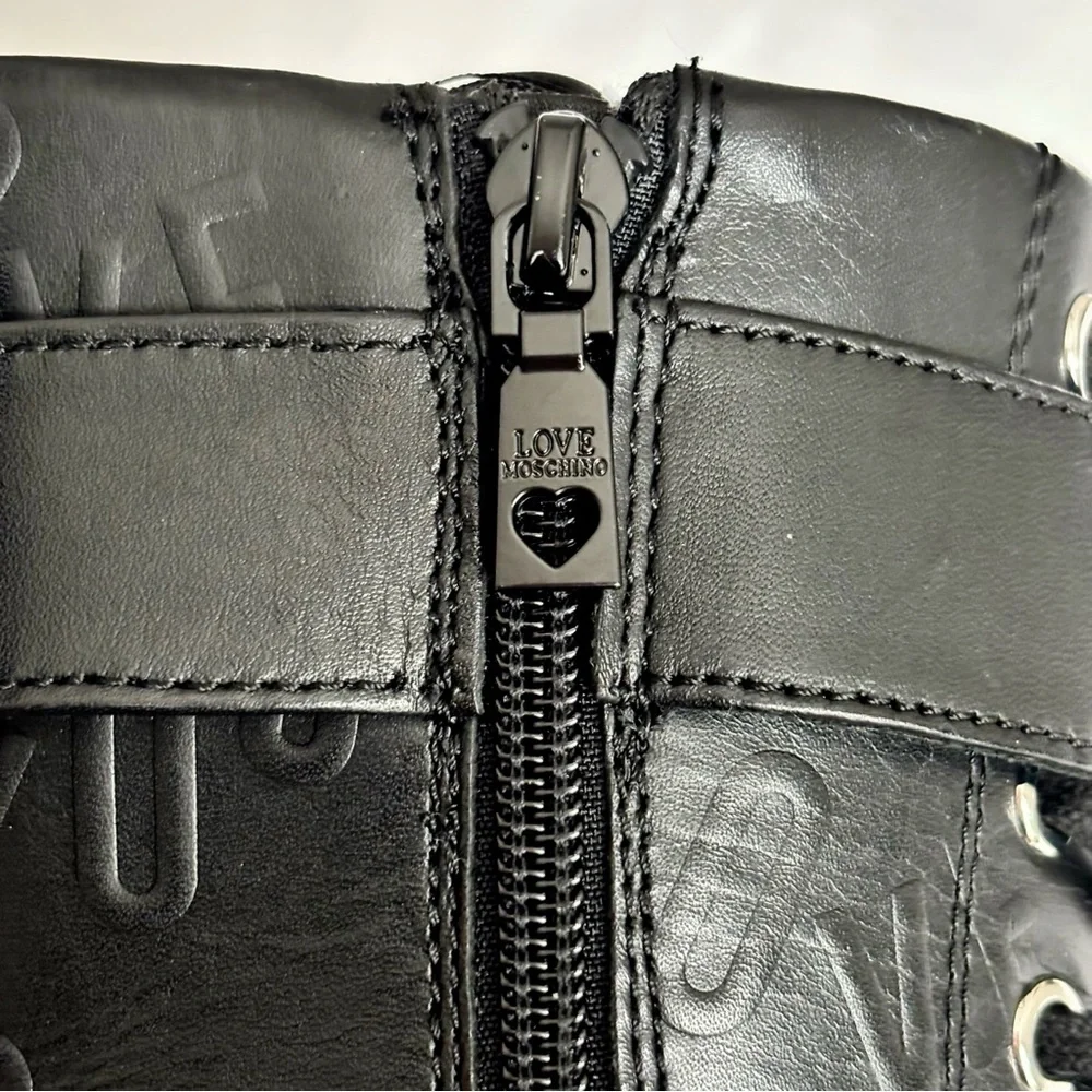 LOVE MOSCHINO Black Leather Moto Biker Boots--NEW--7 - Picture 10 of 15